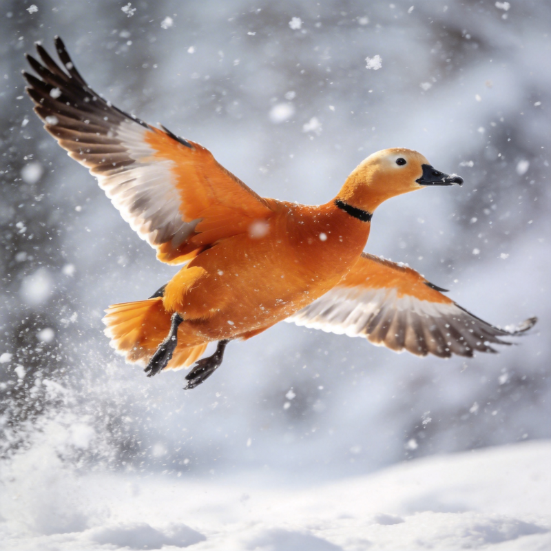 雪中飞翔的橙鸭图片