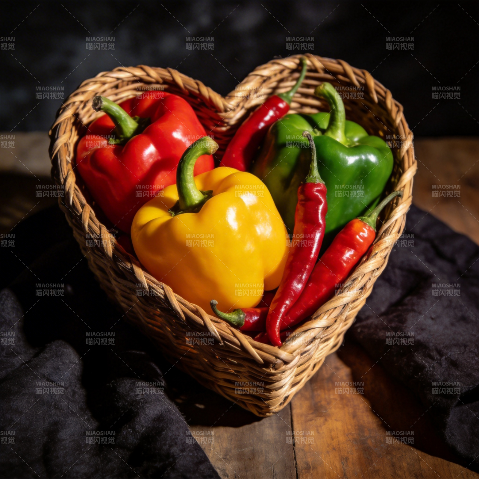 心形篮中的彩椒图片