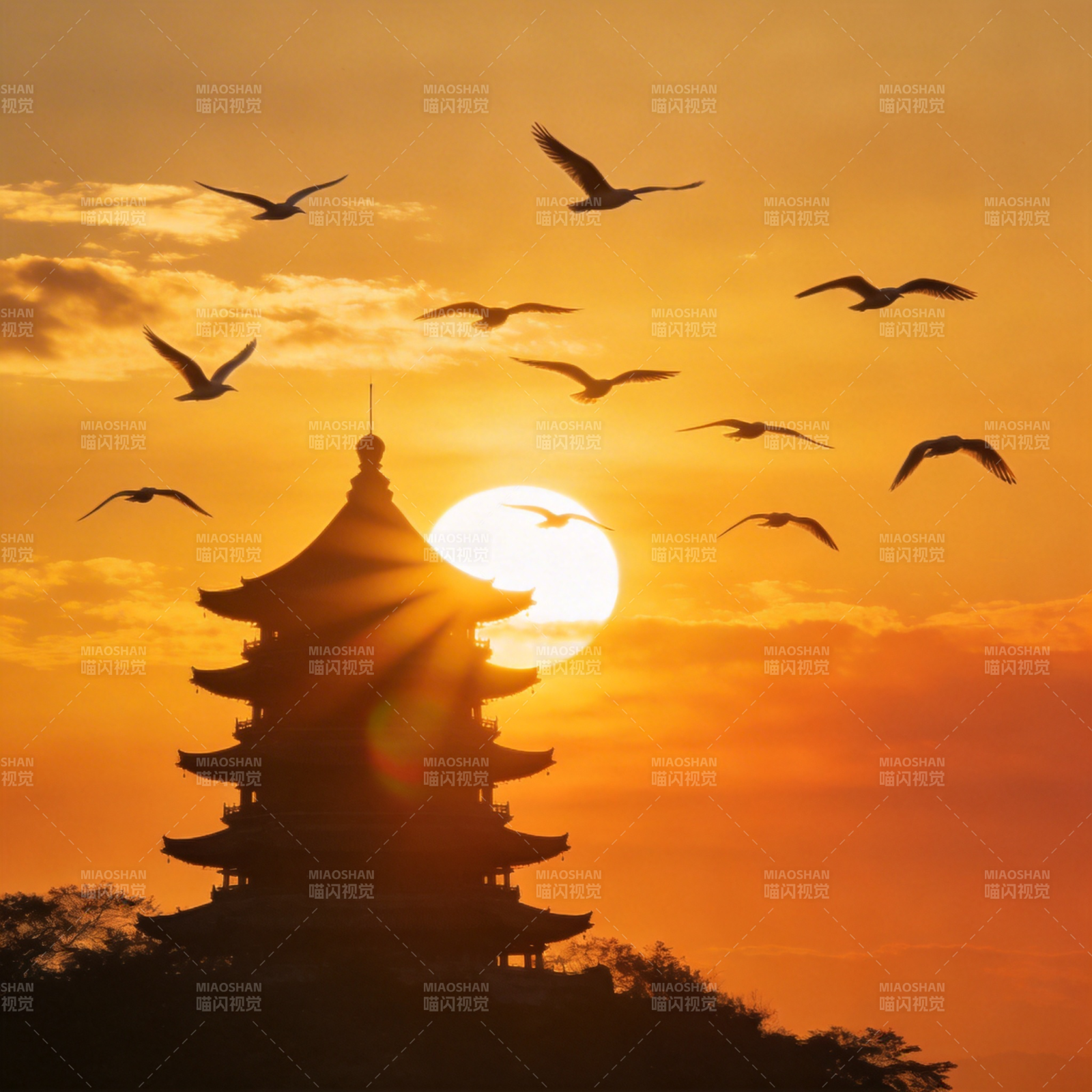 夕阳塔影飞鸟图片