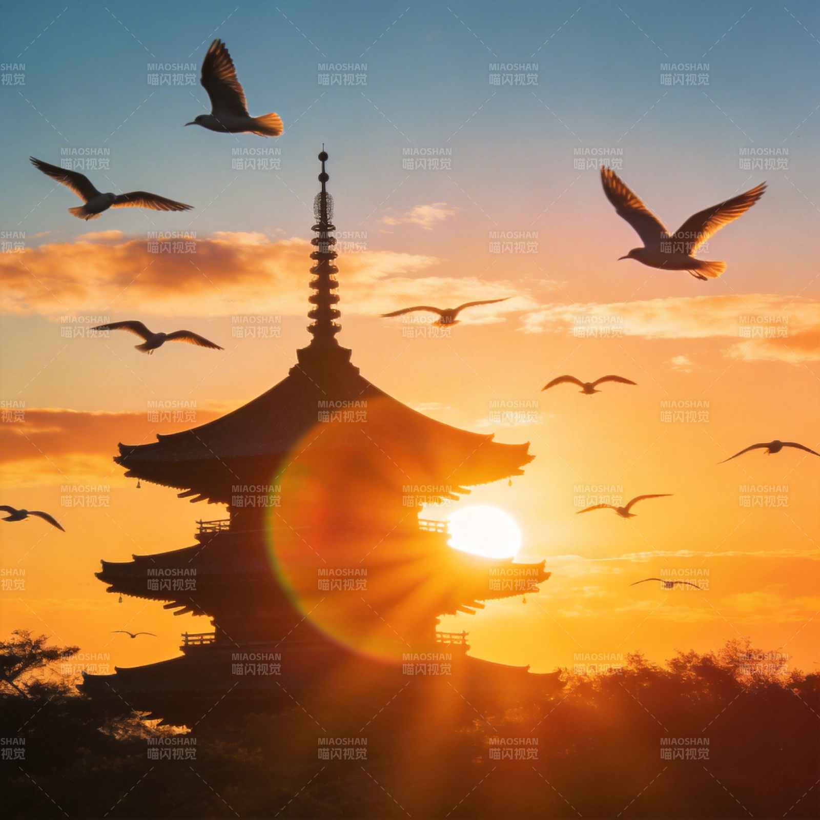 夕阳塔影飞鸟归图片