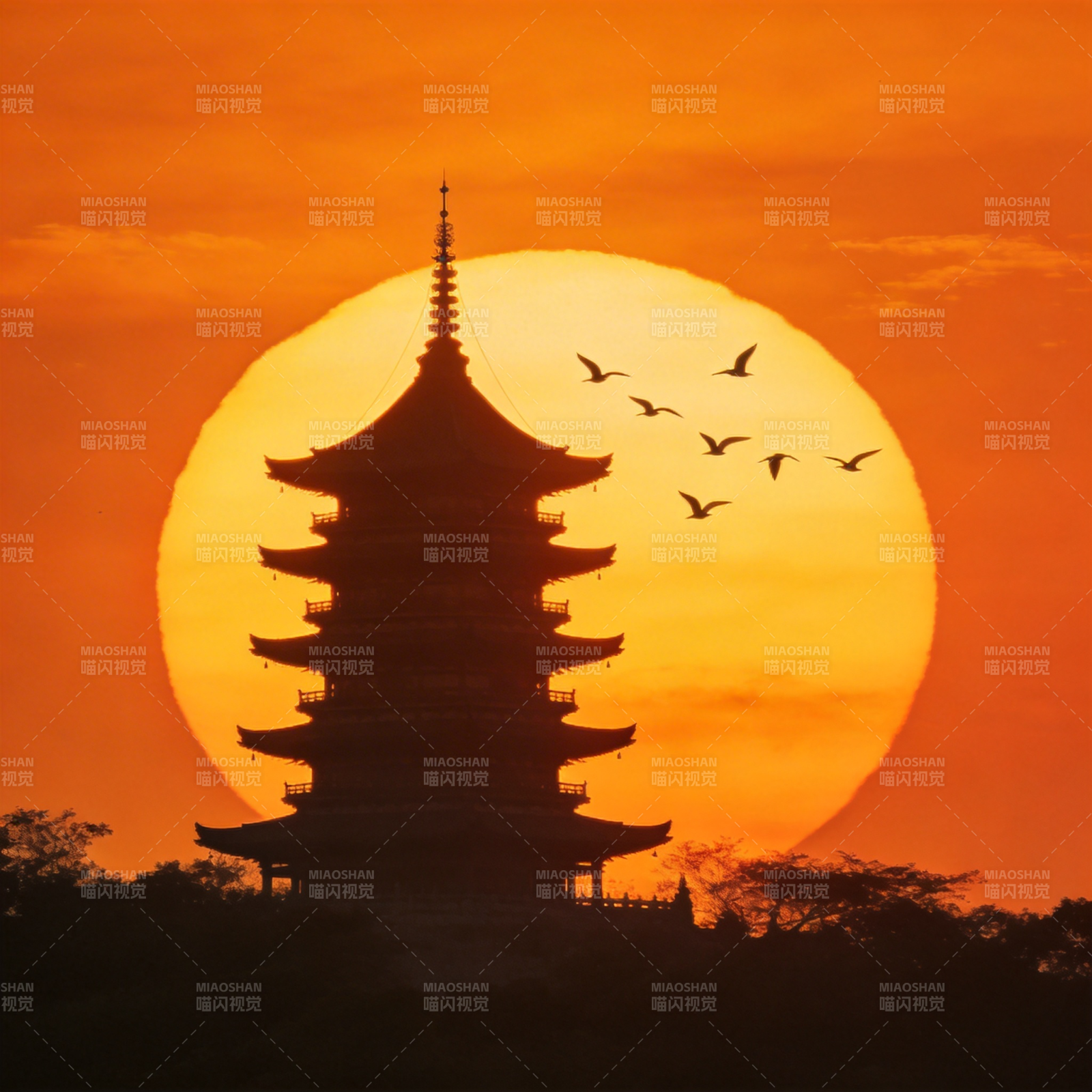 夕阳塔影飞鸟归图片