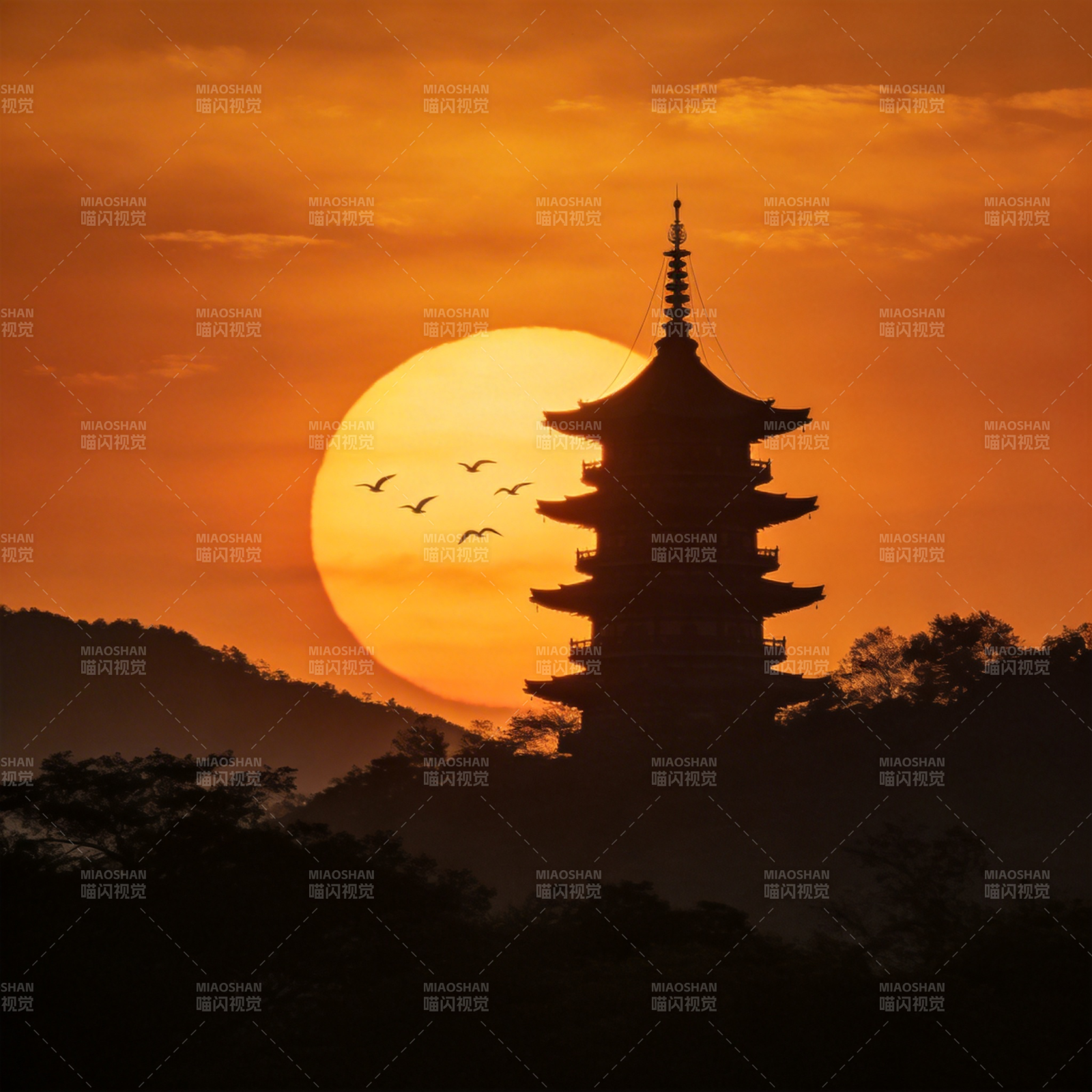 夕阳塔影飞鸟归图片