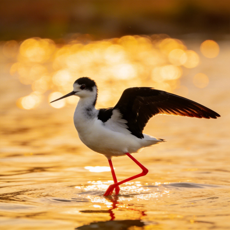 黑颈长脚鹬水中行图片