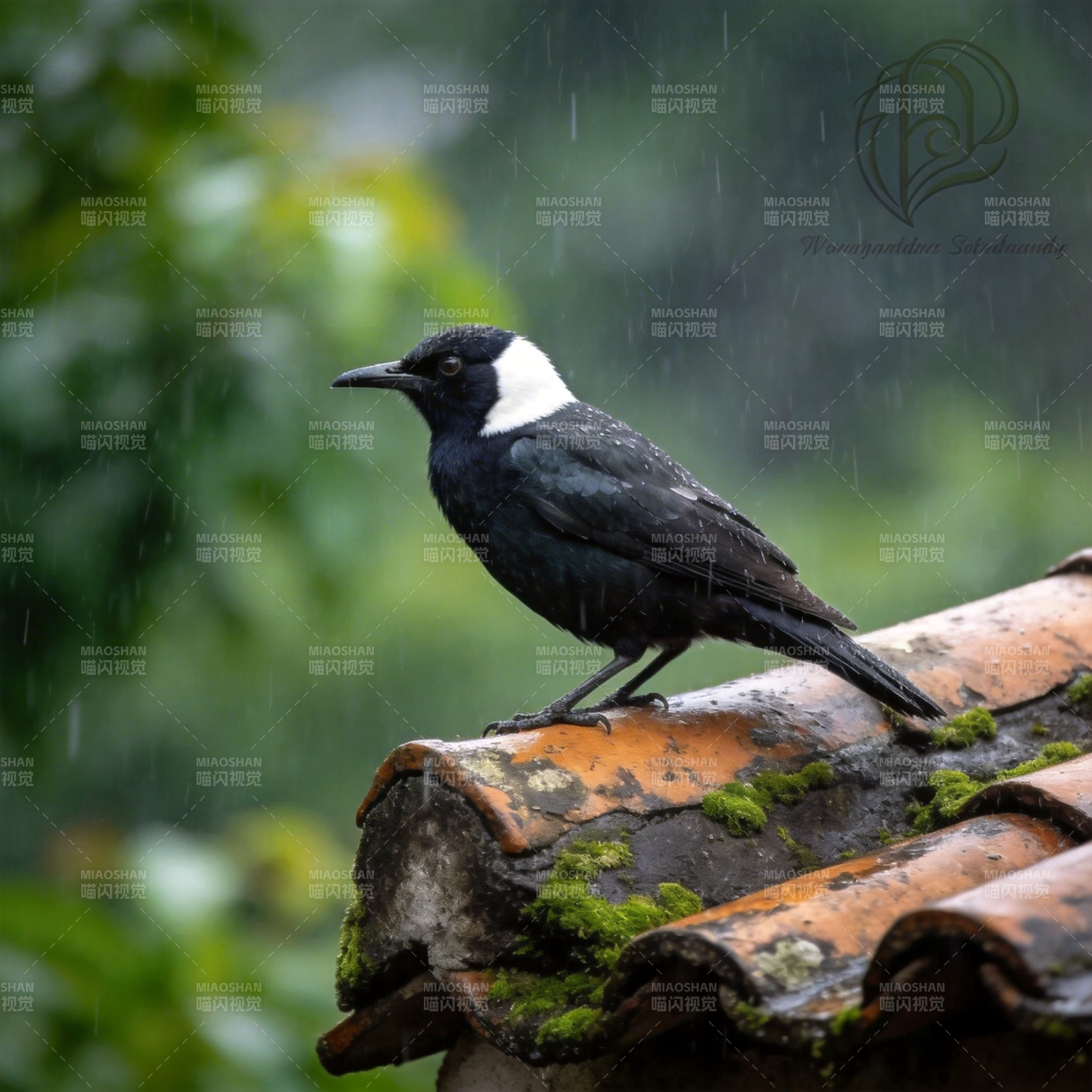 雨中黑鸟栖瓦上图片
