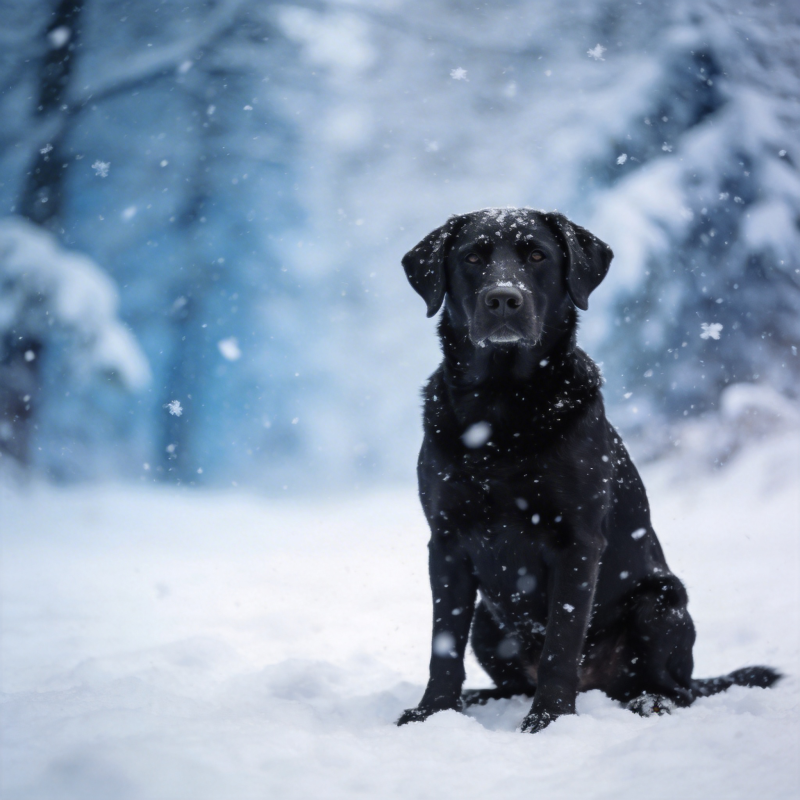 雪中黑犬静坐图片