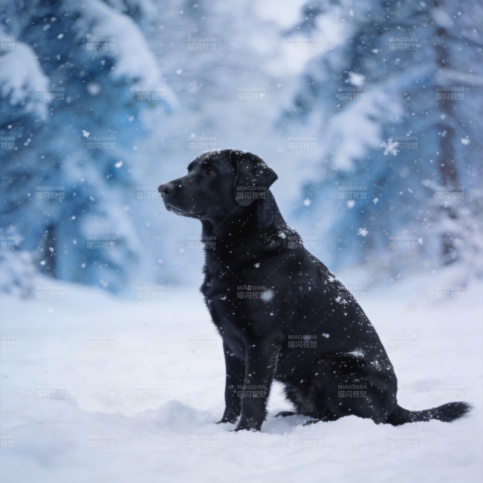 雪中黑犬静坐图片