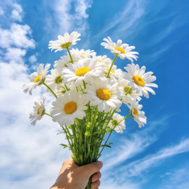 手捧雏菊迎蓝天图片