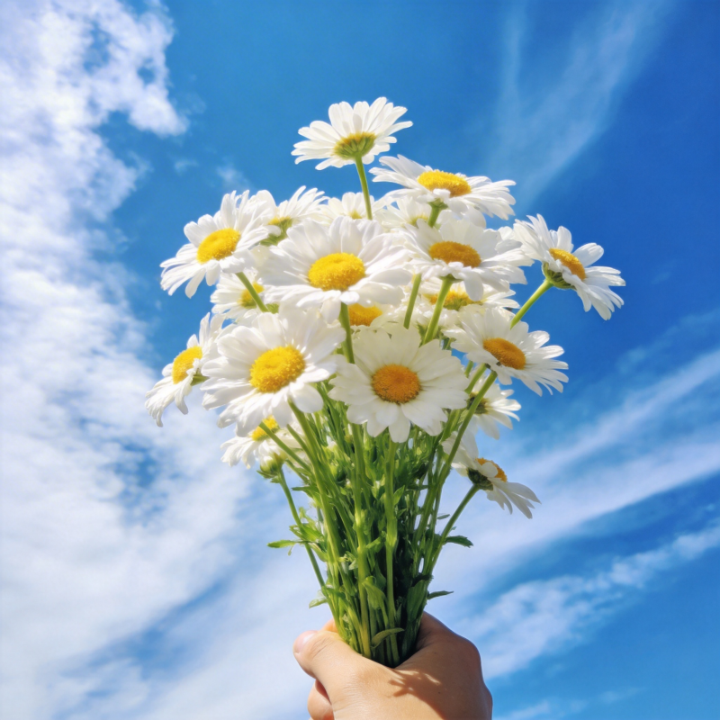 手捧雏菊迎蓝天图片