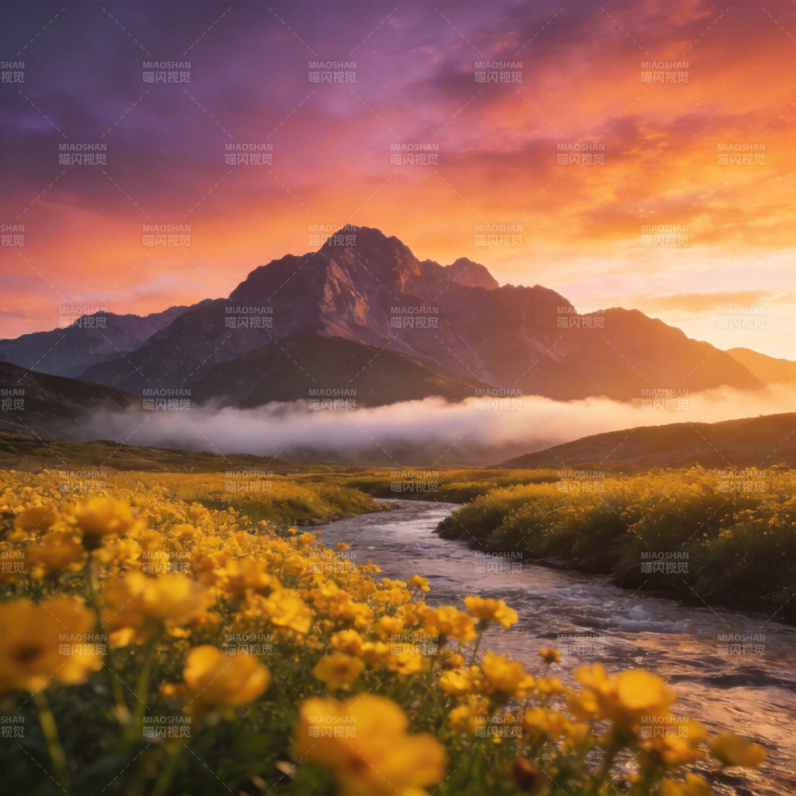 山野花溪日落图片