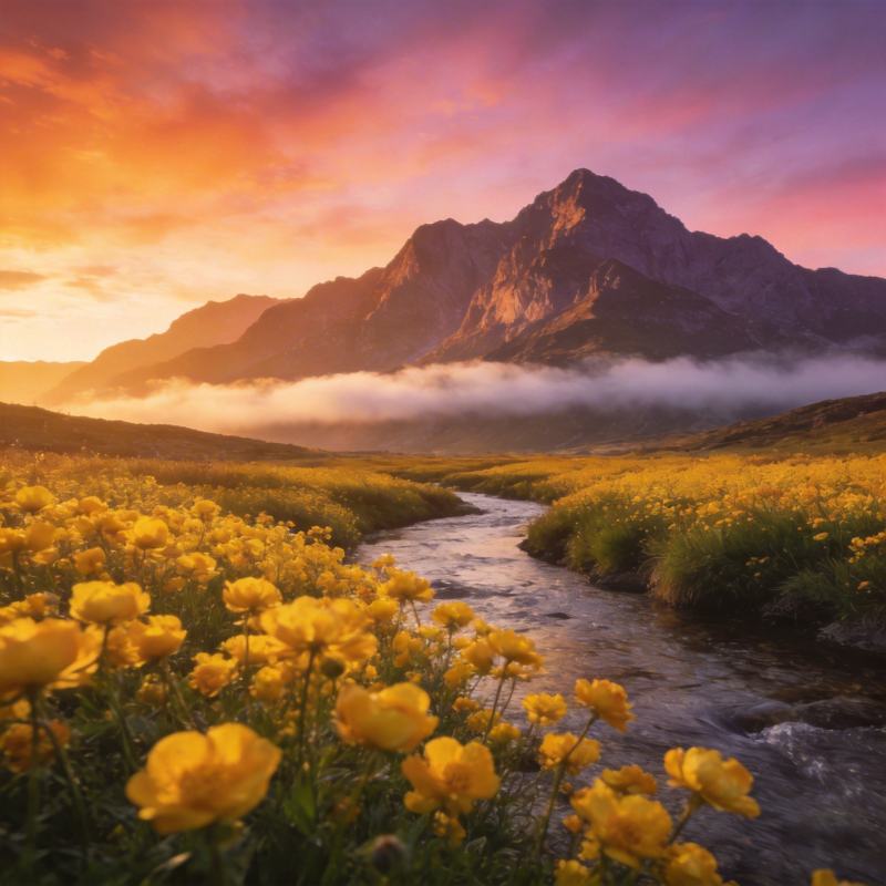 山野花溪日出图片