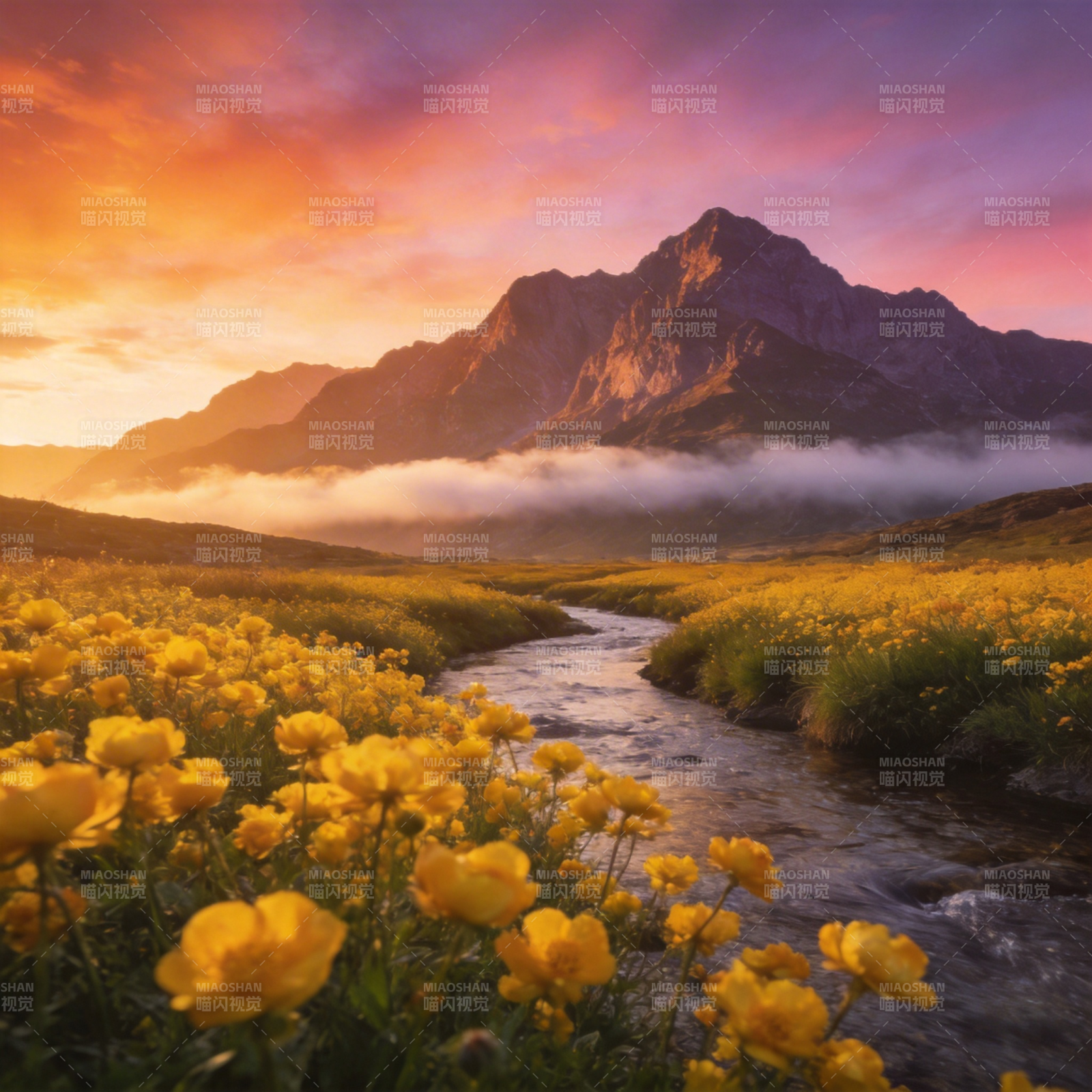 山野花溪日出图片