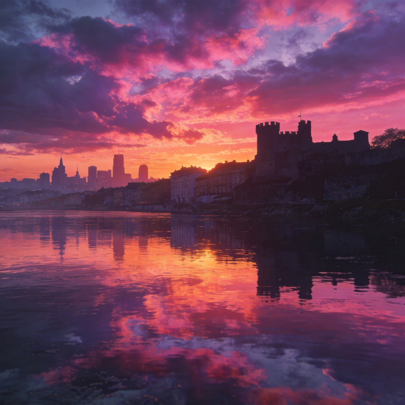 暮色城堡映水光图片