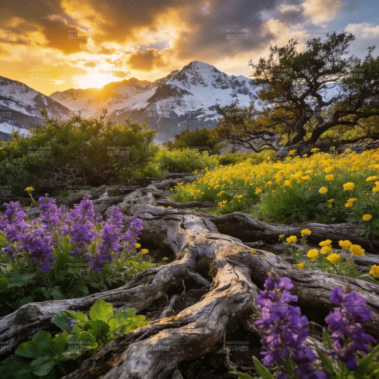 雪山花海日落图片