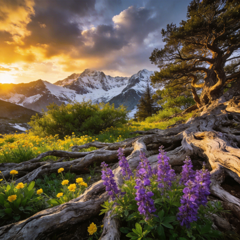 雪山花海日落图片