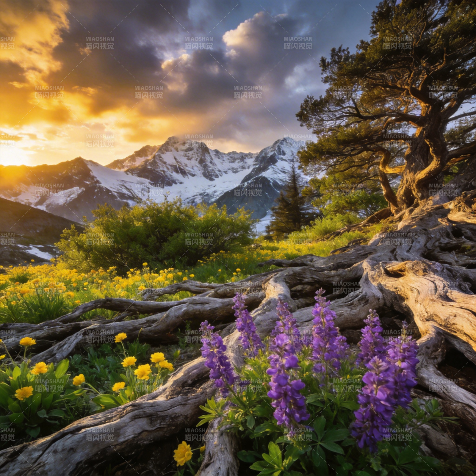 雪山花海日落图片