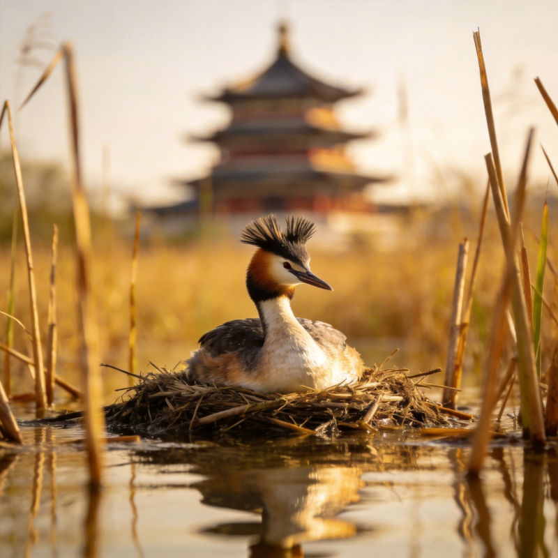 水鸟栖巢 古塔映水图片