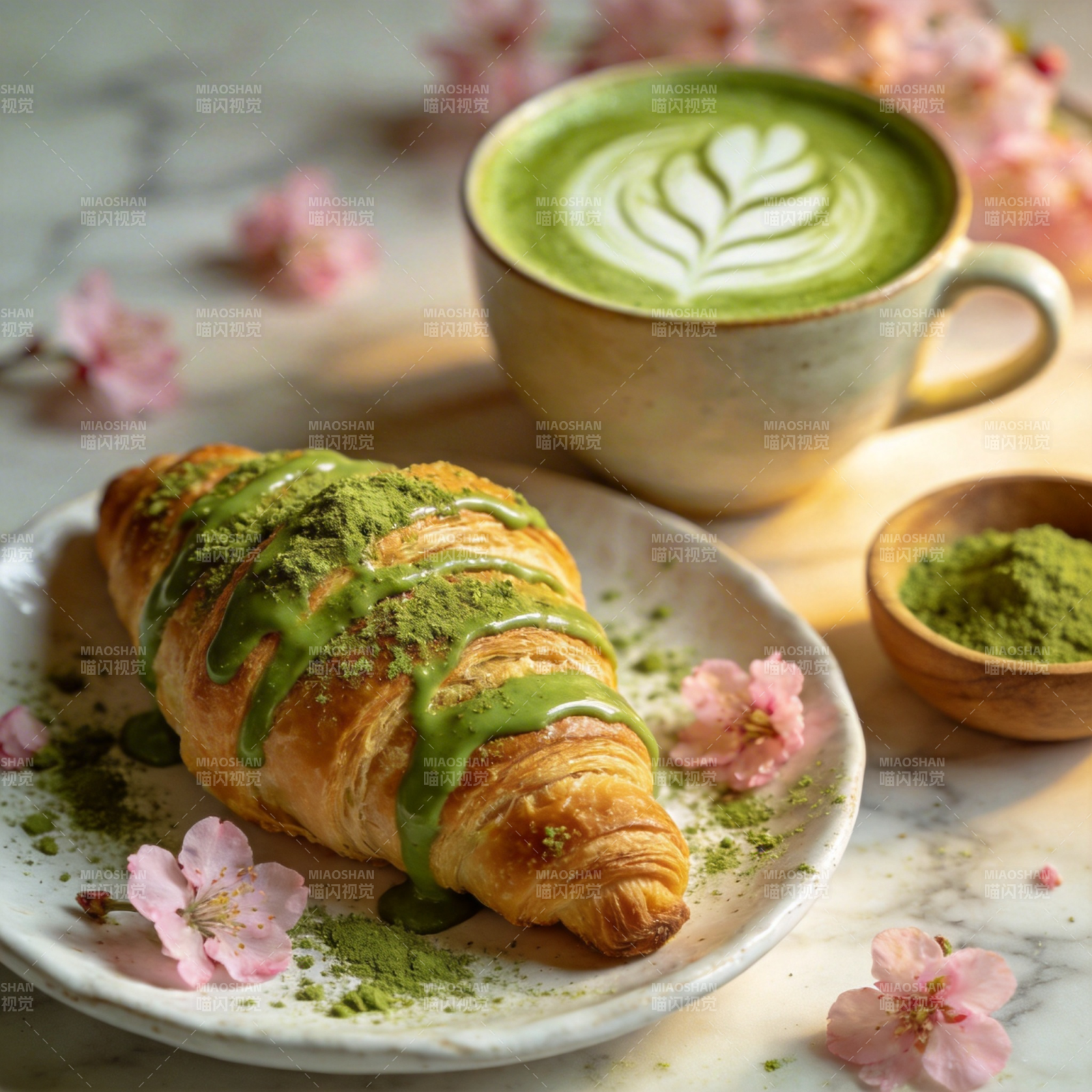 抹茶可颂配拿铁图片