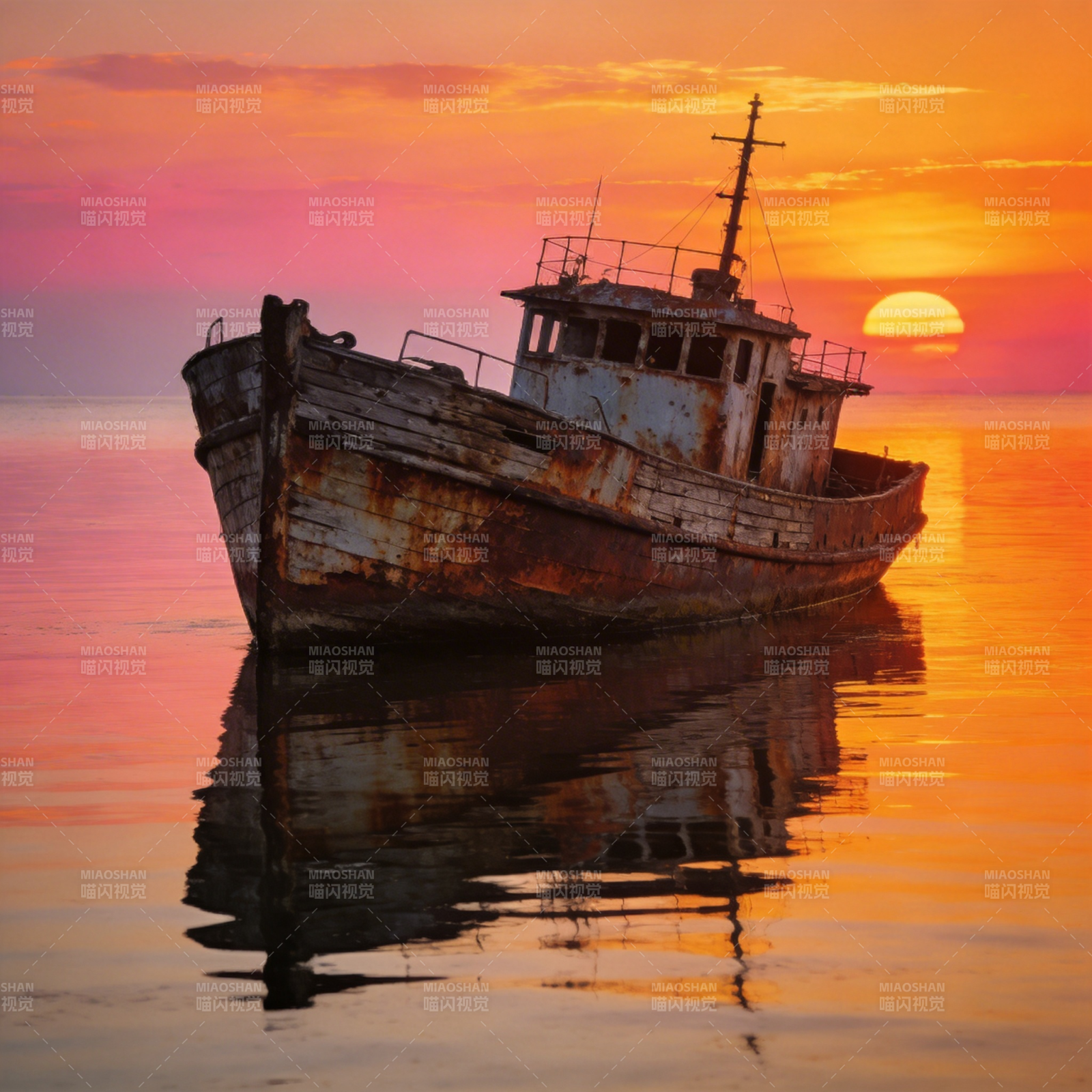 夕阳下的旧船图片
