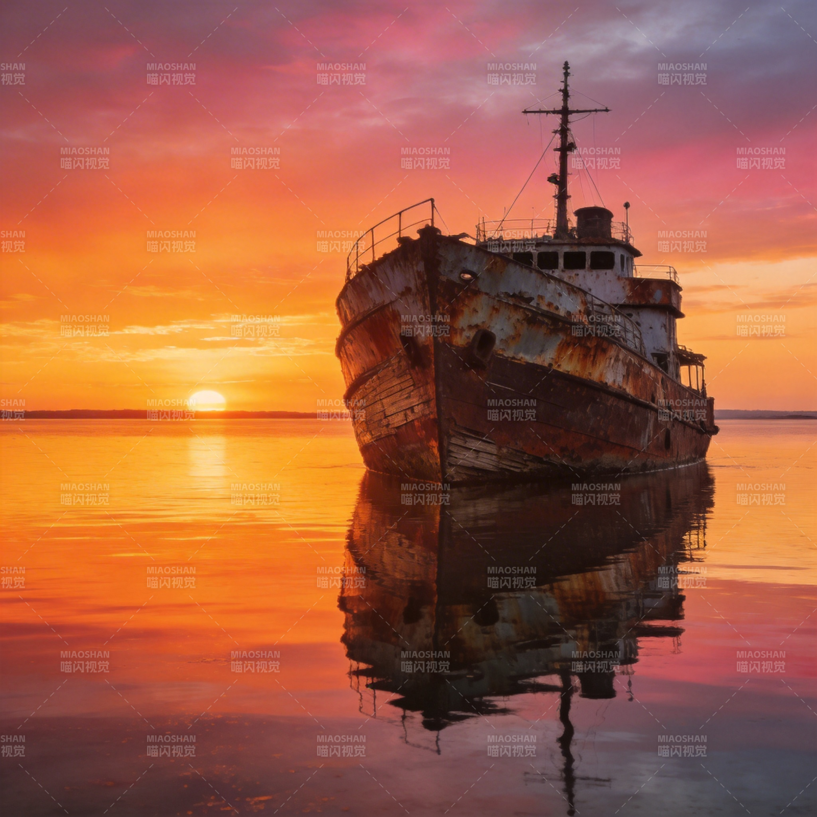 夕阳下的锈船图片