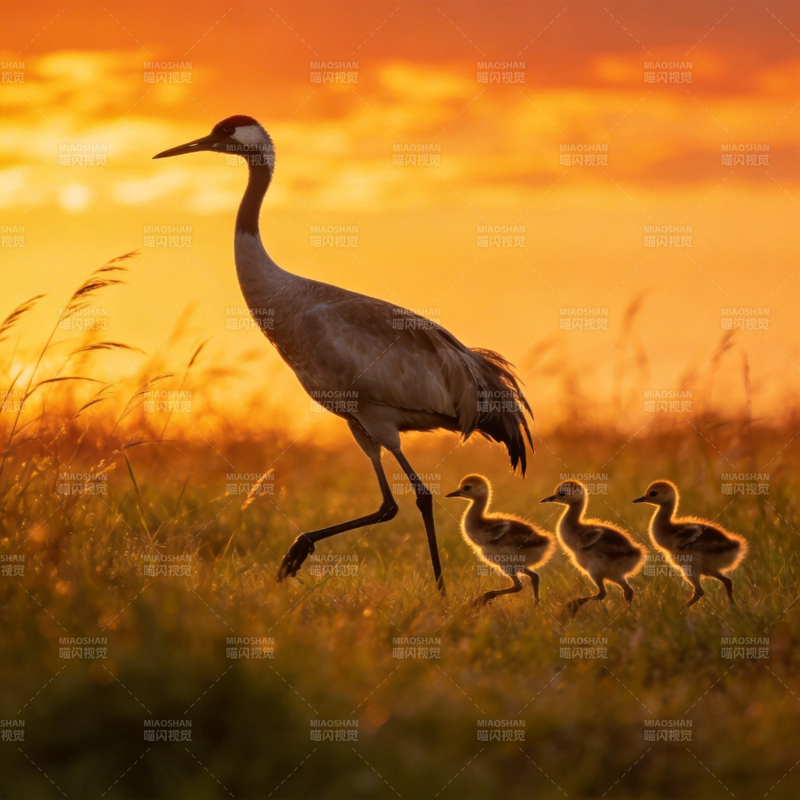 夕阳下的鹤与雏鸟图片