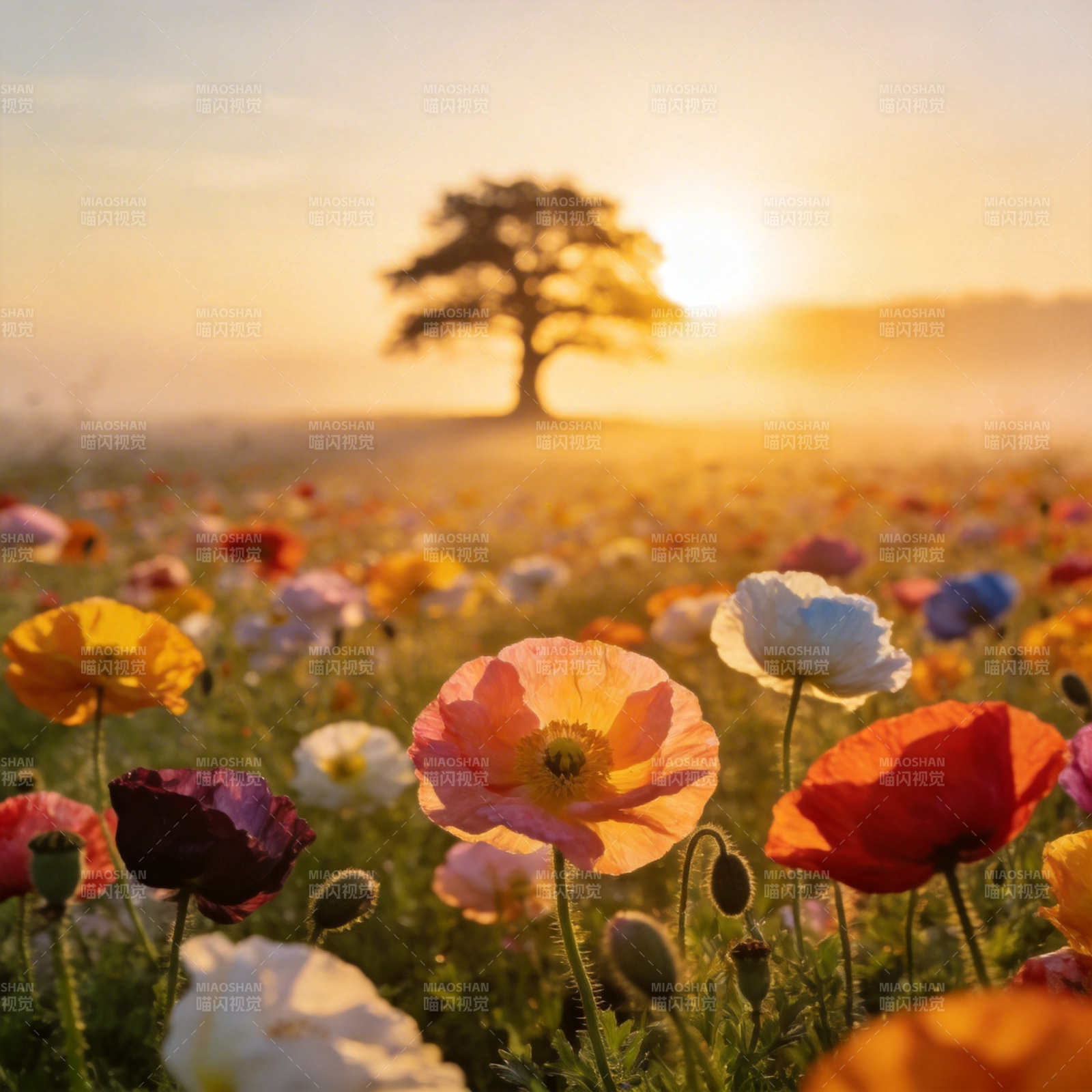 花海夕阳树影图片