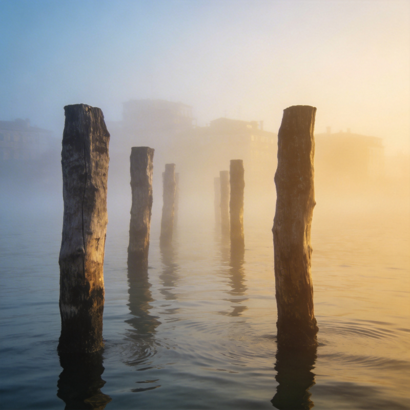 晨雾中的木桩图片