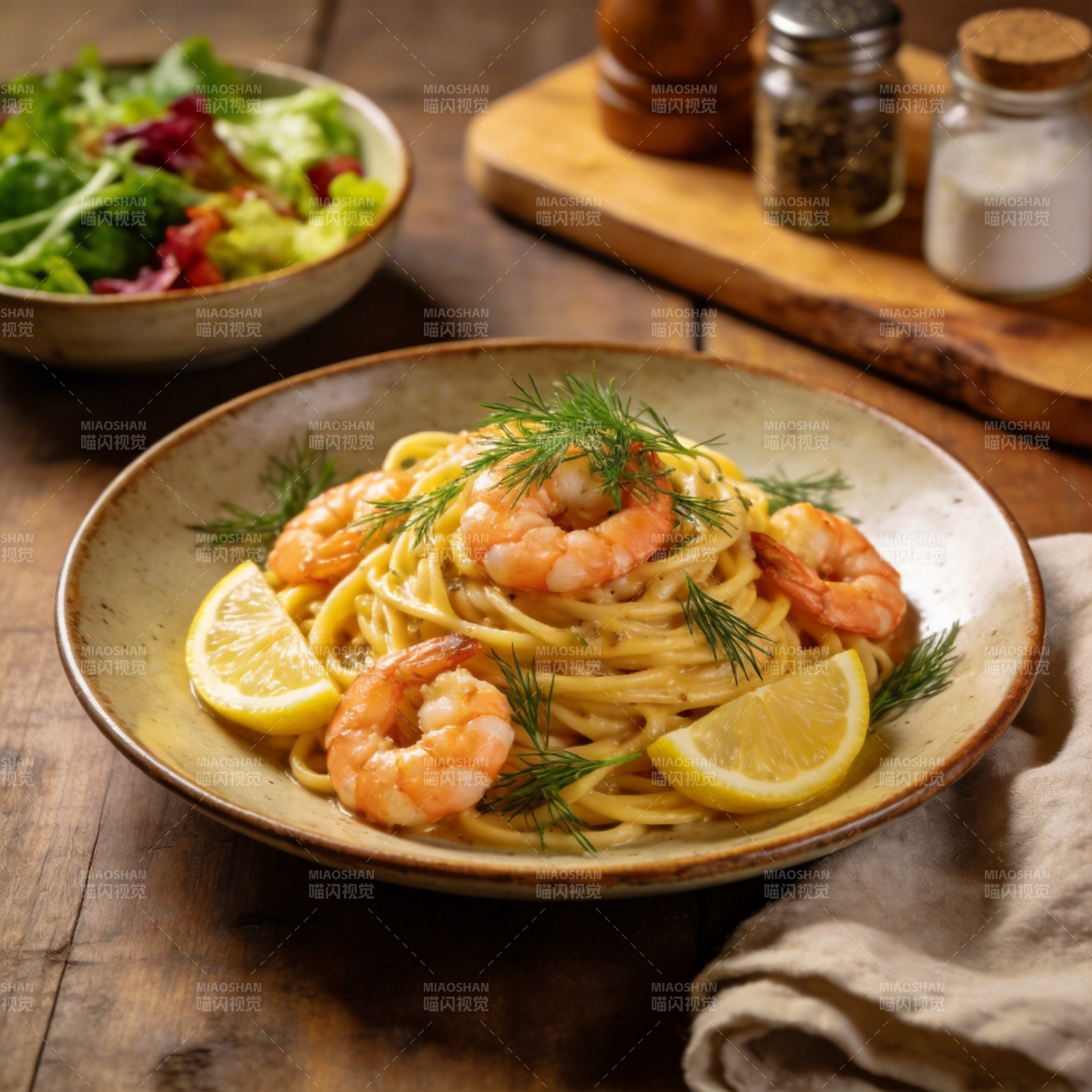 虾仁意面配柠檬图片