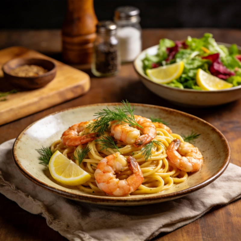 虾仁意面配柠檬图片