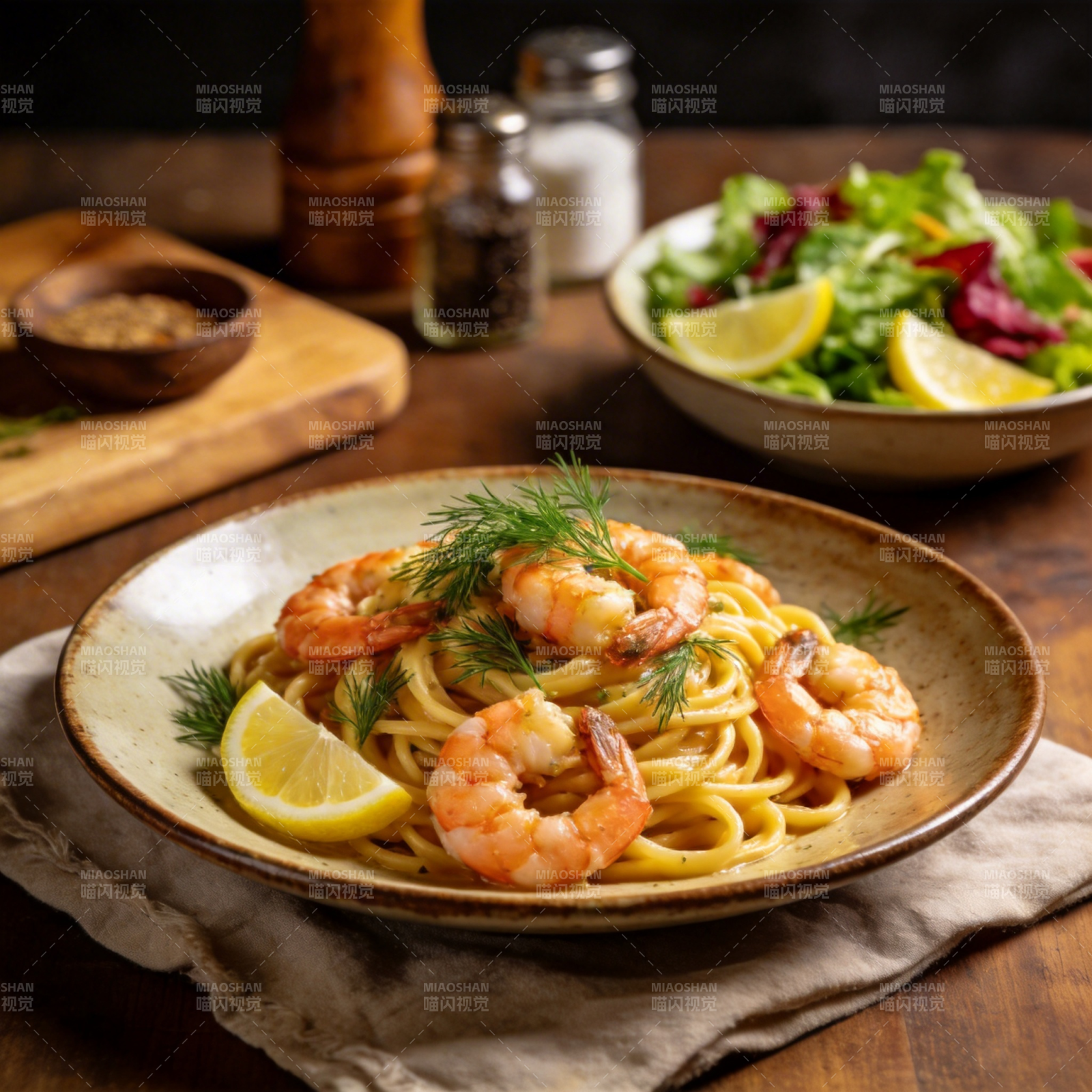 虾仁意面配柠檬图片