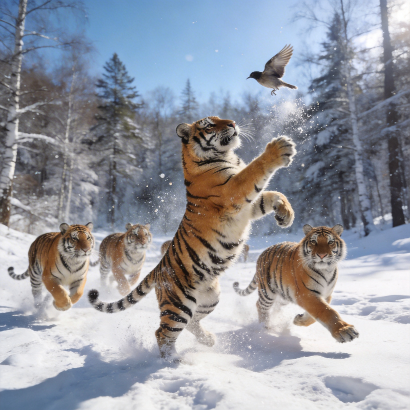 雪地虎群追鸟图片