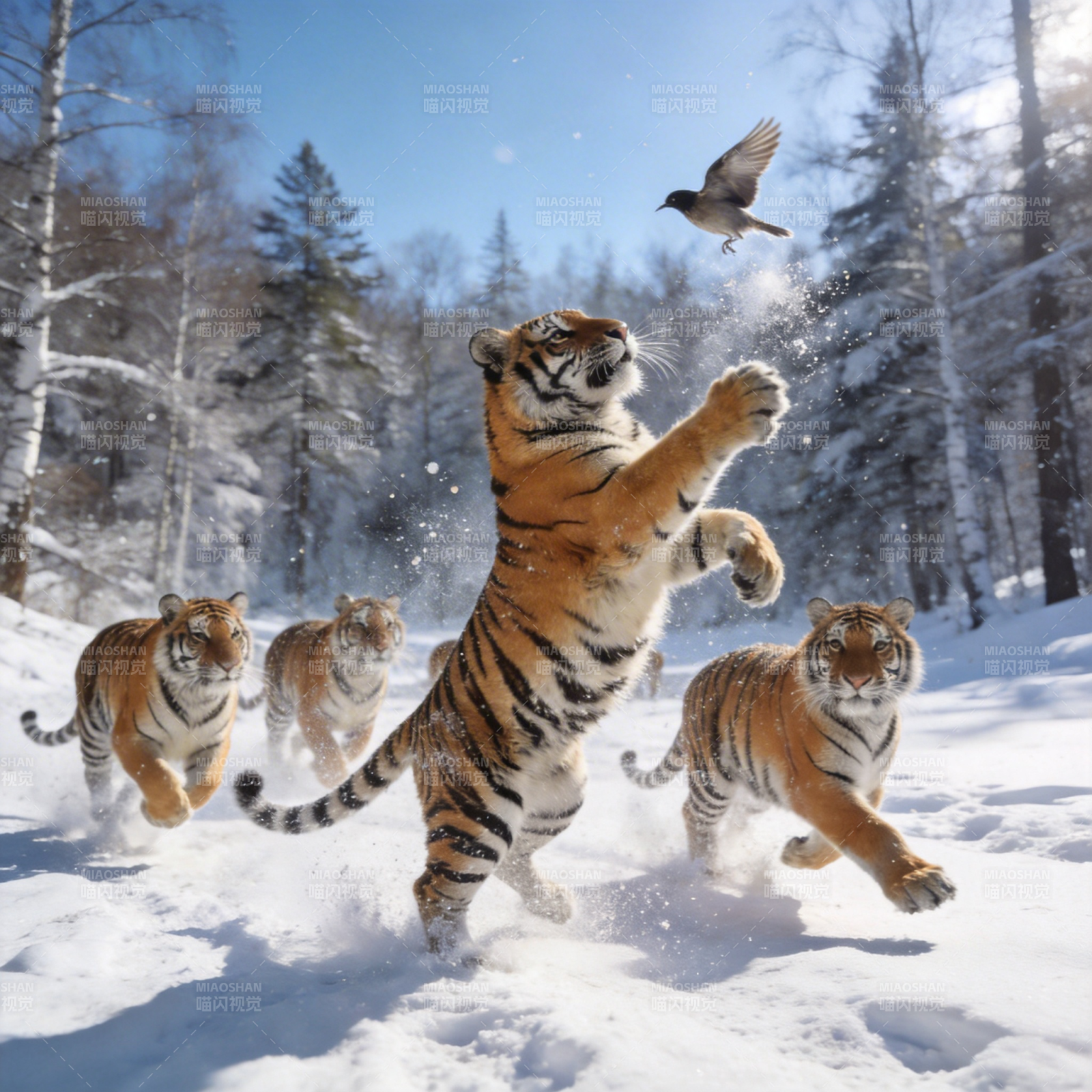 雪地虎群追鸟图片