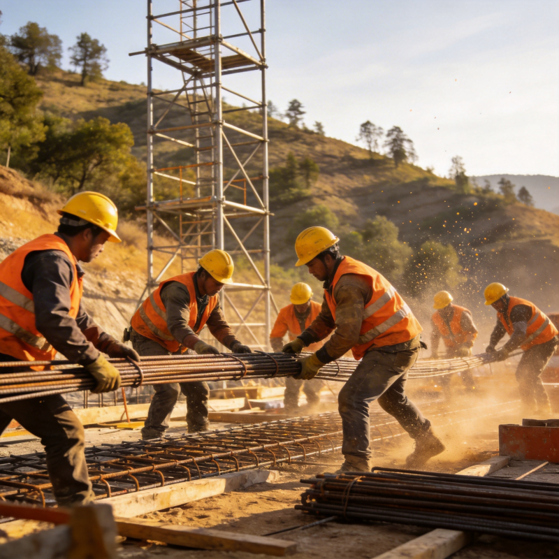 工人们搬运钢筋图片