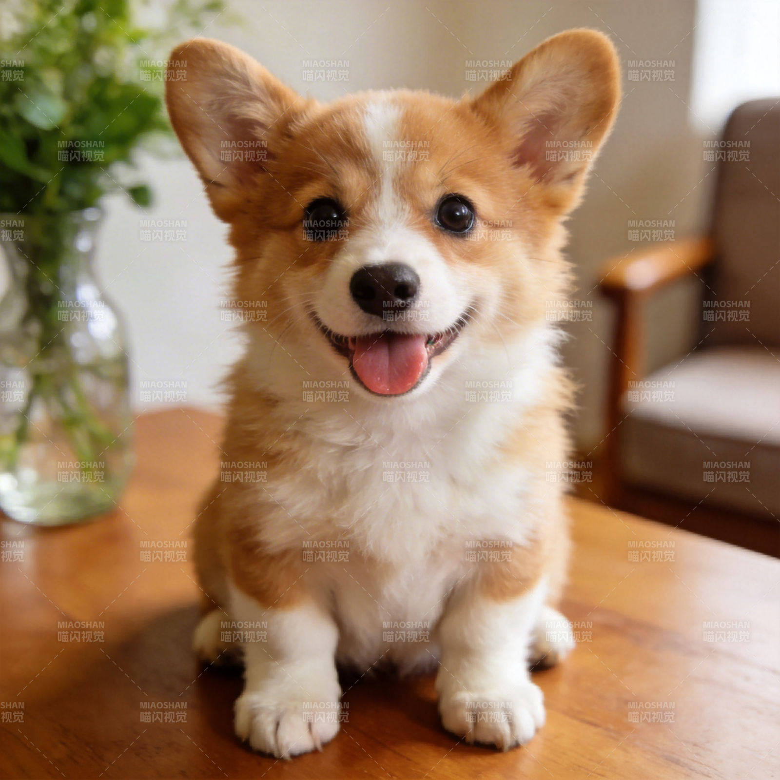 萌犬微笑迎客来图片