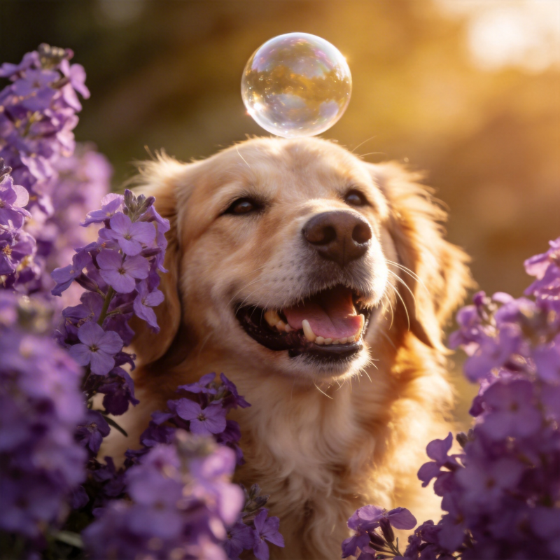 金毛与泡泡花丛图片