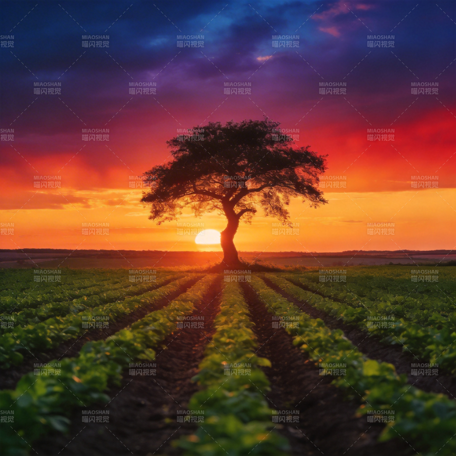 孤树映晚霞图片