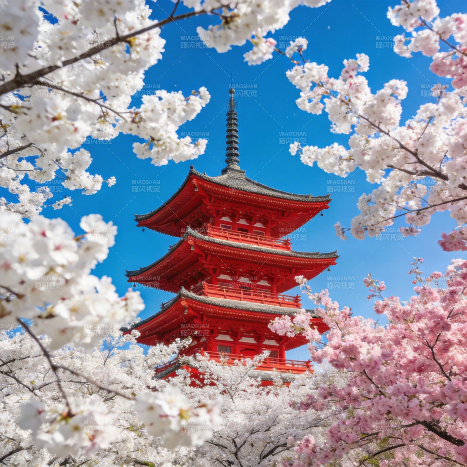 樱花映红塔图片