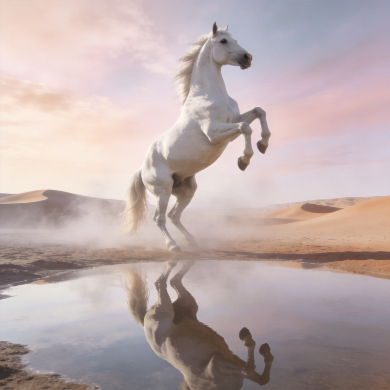 沙漠白马跃水影图片