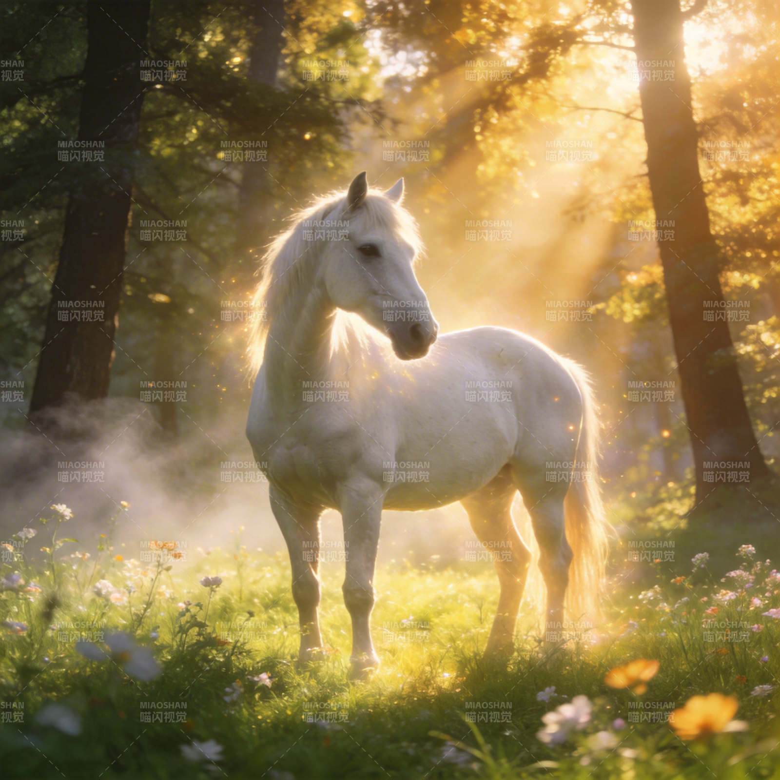 林间白驹沐浴晨光图片