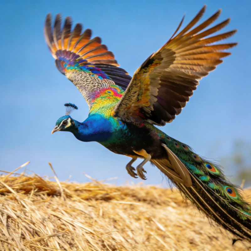 孔雀展翅飞翔图片