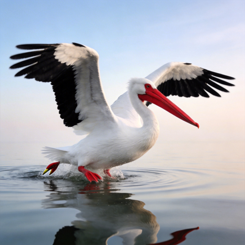 白鹳展翅水面图片