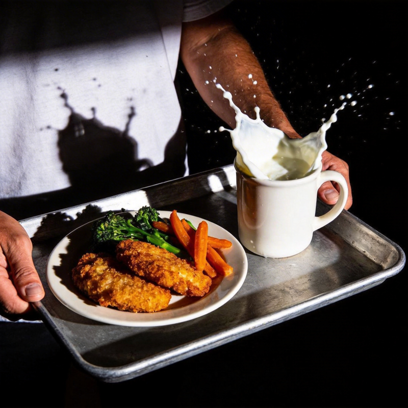 炸鸡配蔬菜与牛奶图片