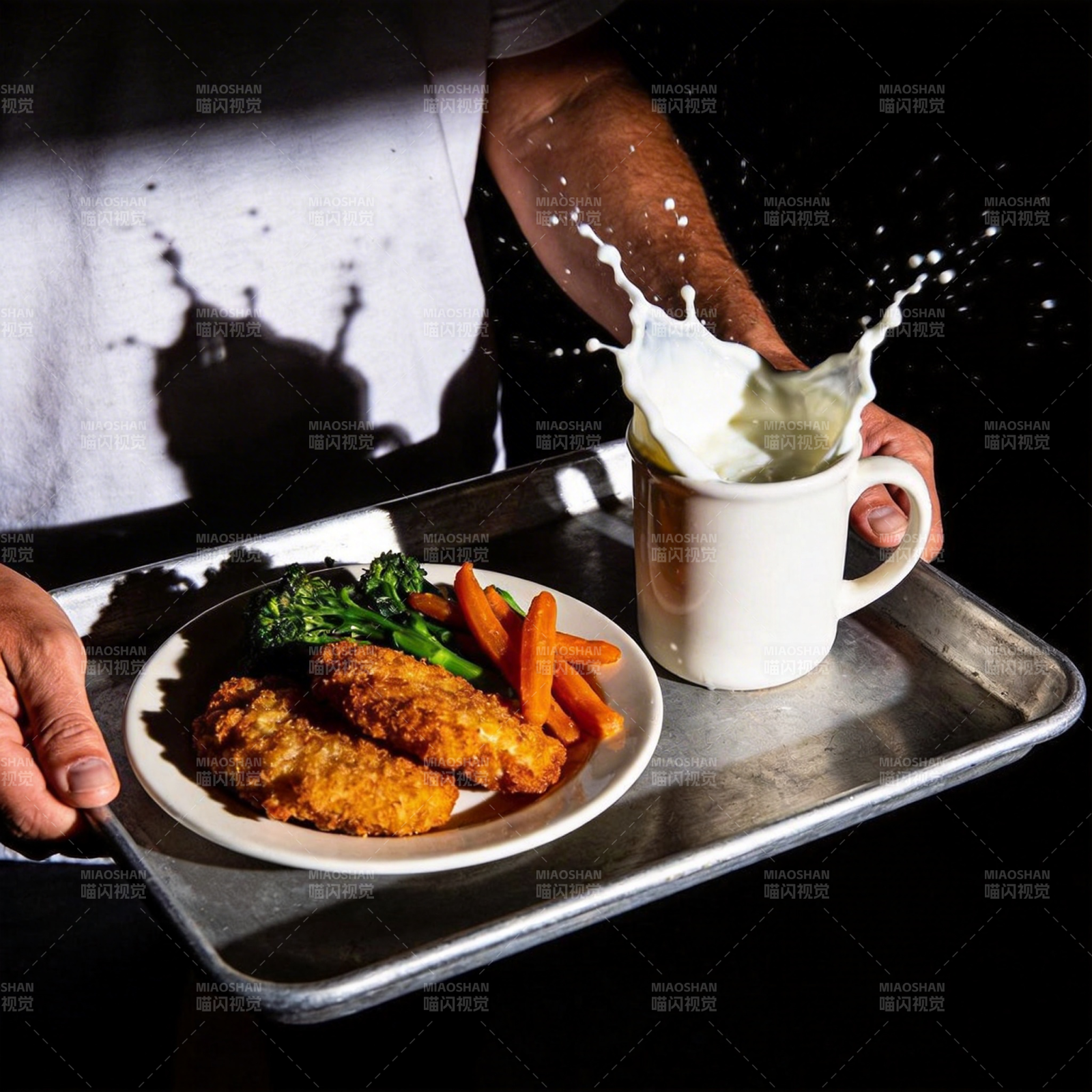 炸鸡配蔬菜与牛奶图片