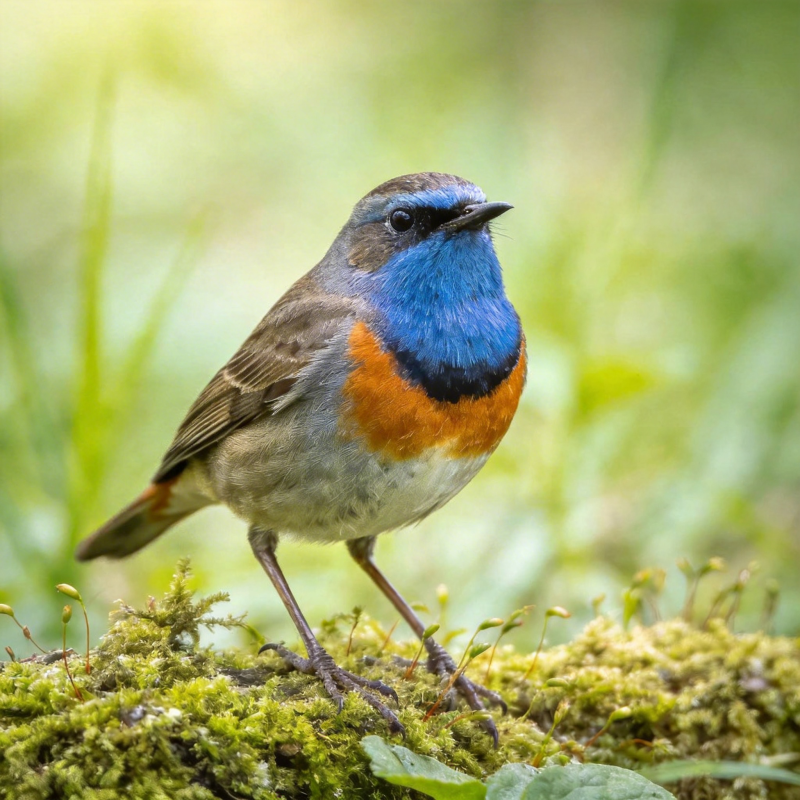 蓝喉歌鸲栖息于苔藓图片