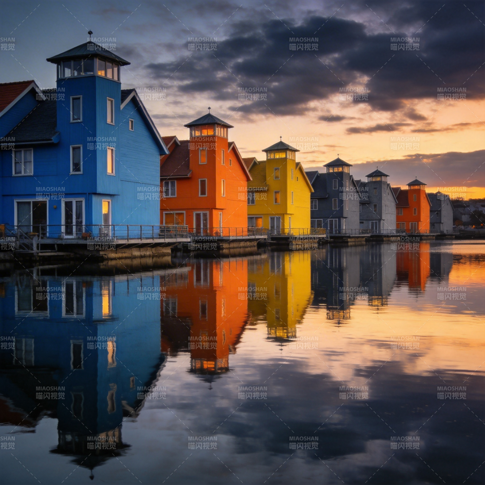 彩屋映水黄昏图片