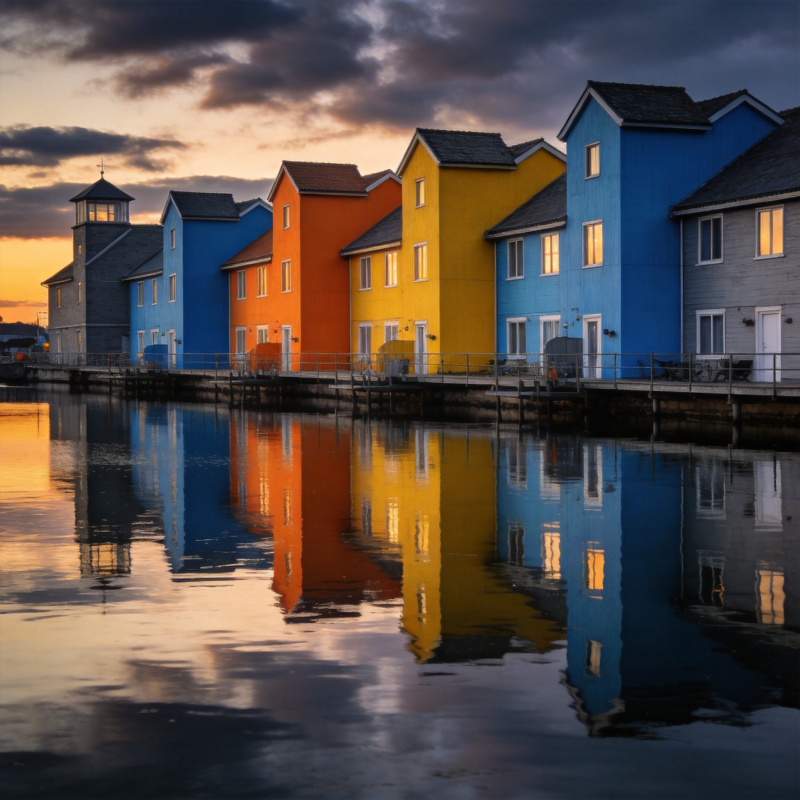 彩屋映水 暮色如画图片