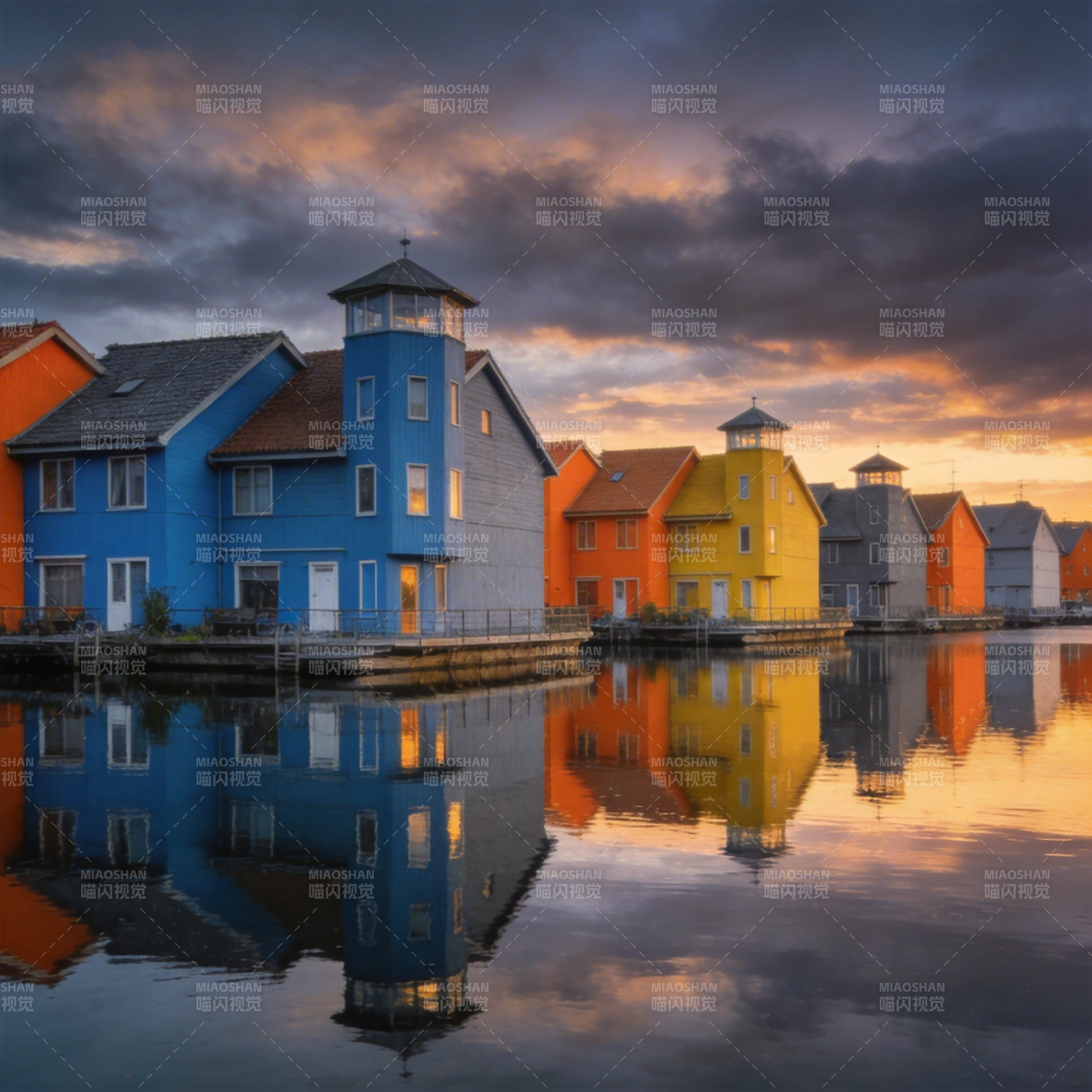 水畔彩屋映夕照图片