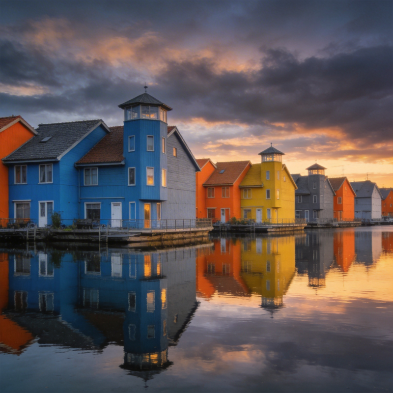 水畔彩屋映夕照图片