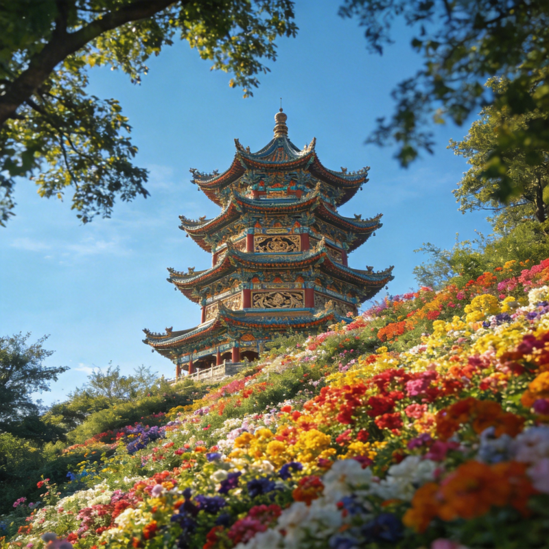 花海中的古塔图片