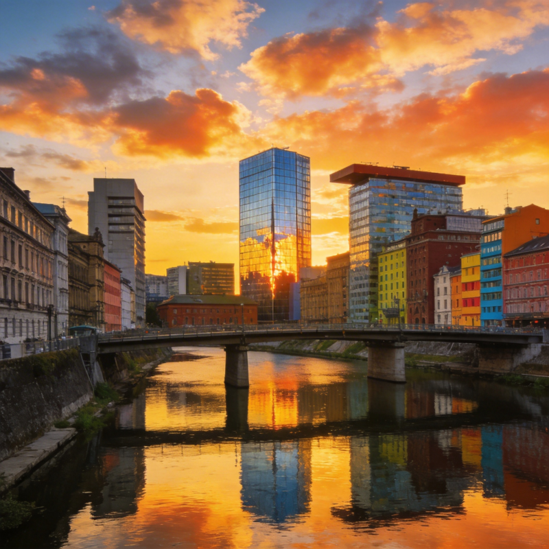 城市黄昏倒影图片