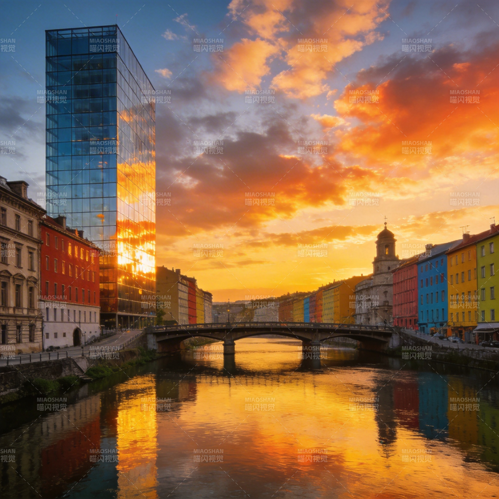 河畔黄昏彩楼影图片